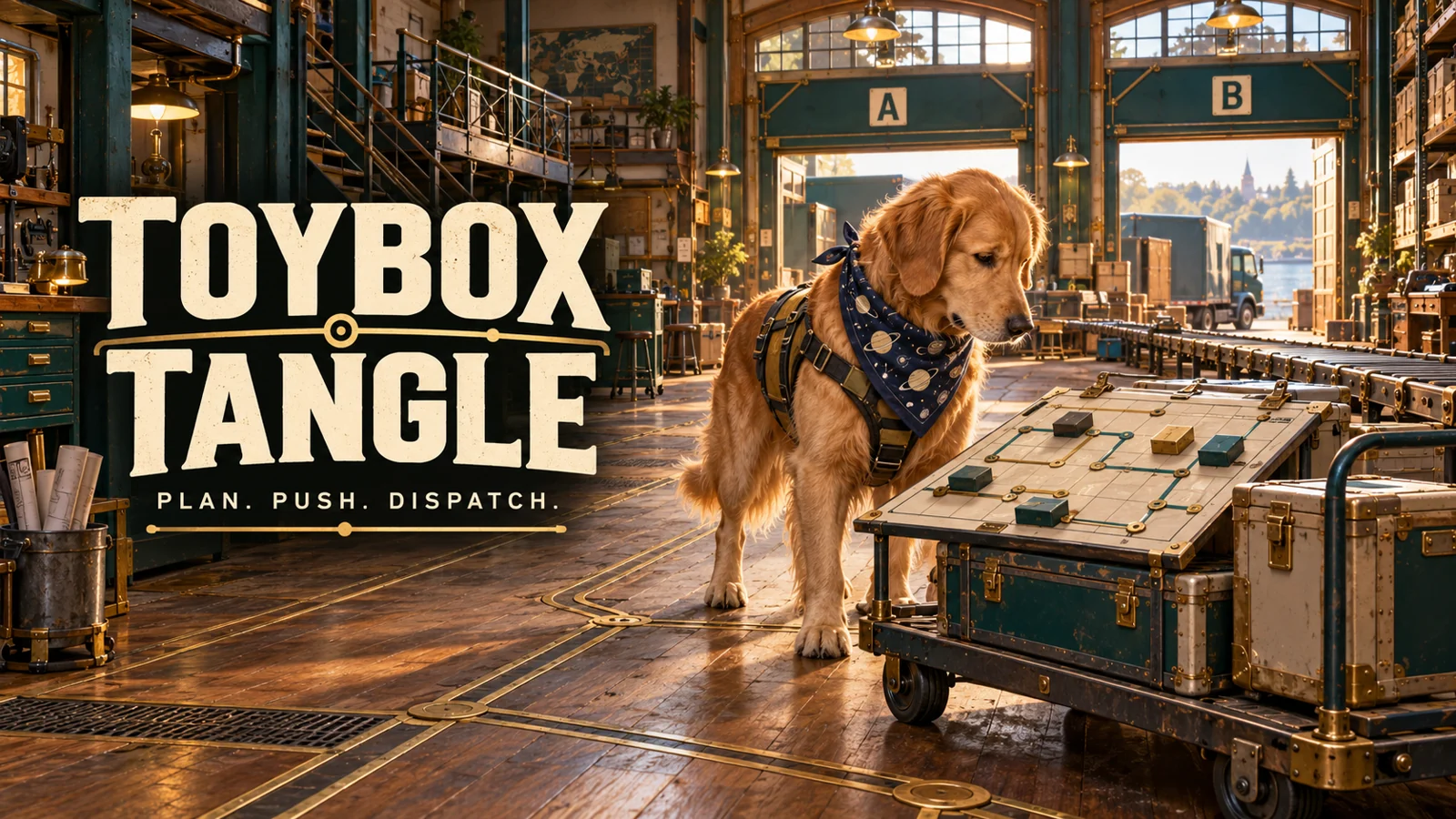 Golden retriever planning a freight route in a full-size timber workshop.